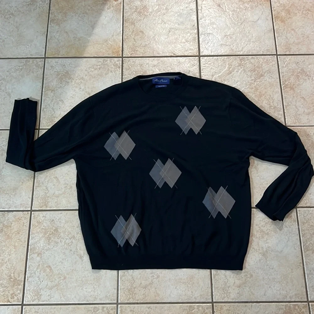 Alan Flusser Silk Cotton Blend Navy Blue Golf Sweater Argyle Design, Sz XXL